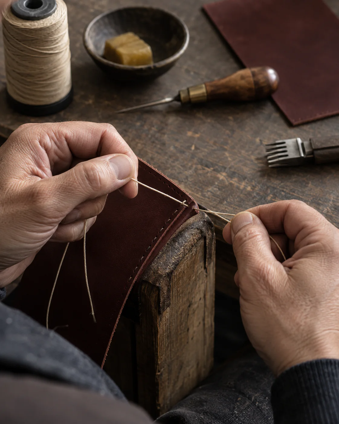 Leather being stitched by hand at the workbench