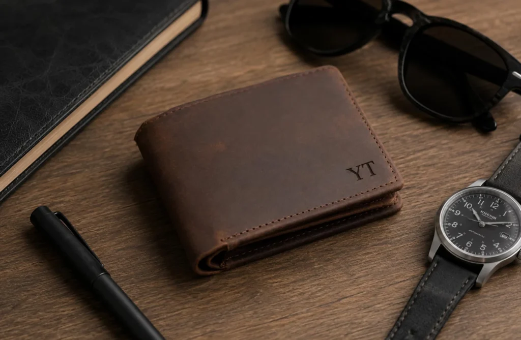 Leather wallet embossed with the initials YT